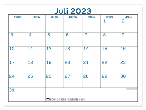 Kalender juli 2023, 49MS. Gratis kalender for utskrift.