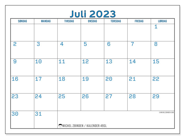 Kalender for utskrift, juli 2023, 49SL