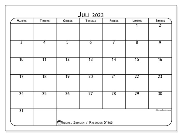 Kalender juli 2023, 51MS. Gratis kalender for utskrift.