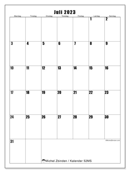Kalender juli 2023, 52MS. Gratis kalender for utskrift.