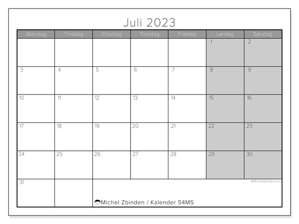 Kalender juli 2023, 54MS. Gratis kalender for utskrift.