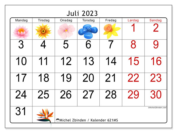 Kalender juli 2023, 621MS. Gratis kalender for utskrift.