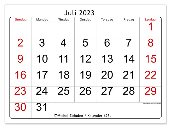 Kalender juli 2023, 62SL. Gratis kalender for utskrift.
