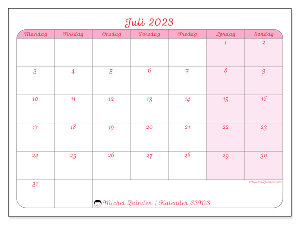 Kalender juli 2023, 63MS. Gratis kalender for utskrift.