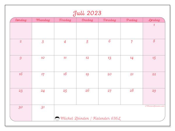 Kalender juli 2023, 63SL. Gratis kalender for utskrift.