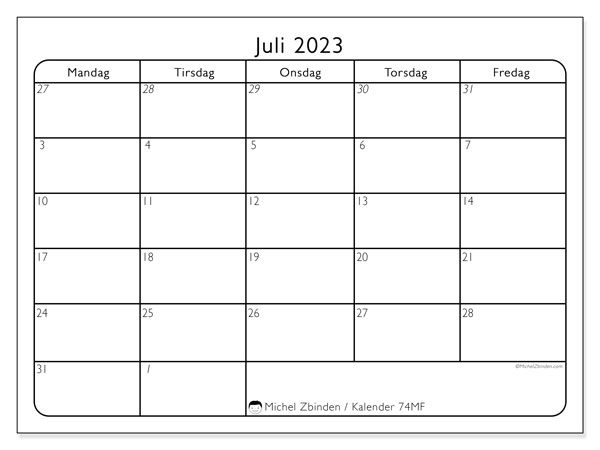 Kalender juli 2023, 74MS. Gratis kalender for utskrift.