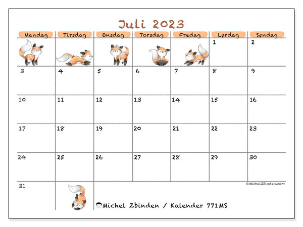 Kalender juli 2023, 771MS. Gratis kalender for utskrift.