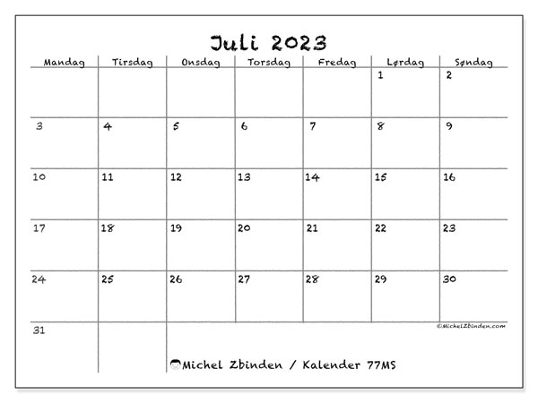 Kalender juli 2023, 77MS. Gratis kalender for utskrift.