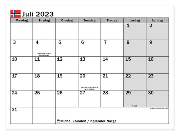Kalender juli 2023 “Norge”. Gratis kalender for utskrift.. Mandag til søndag