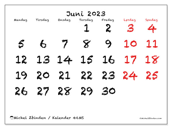 Kalender juni 2023, 46MS. Gratis journal for utskrift.