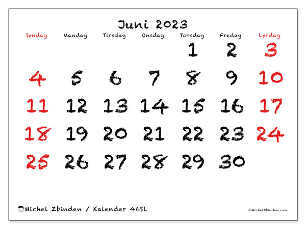 Kalender juni 2023, 46SL. Gratis journal for utskrift.