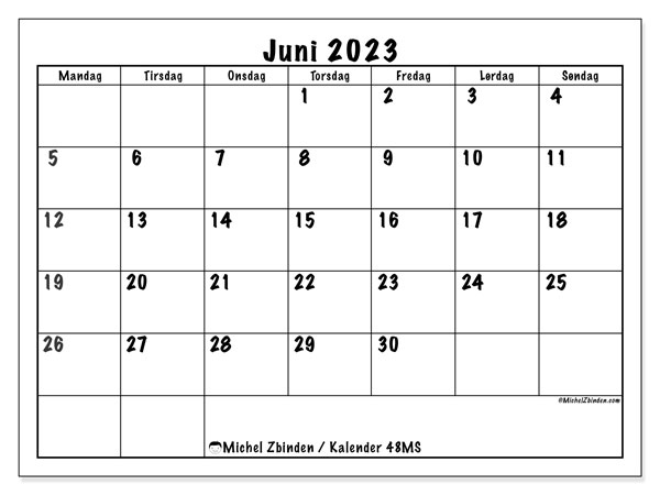 Kalender juni 2023, 48MS. Gratis journal for utskrift.