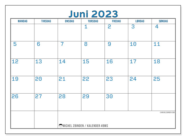 Kalender for utskrift, juni 2023, 49MS