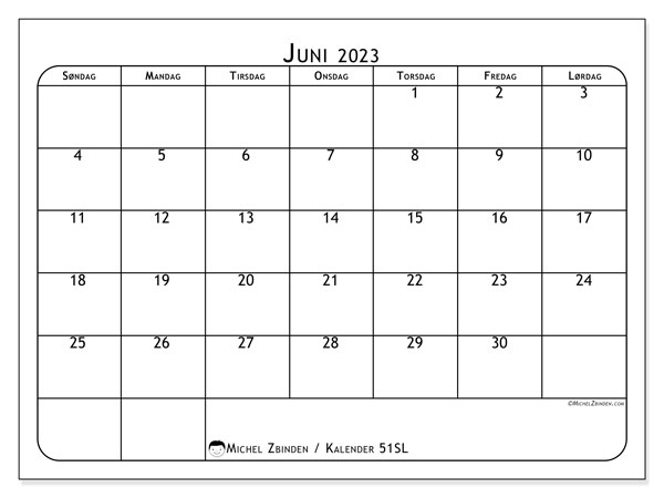 Kalender juni 2023, 51SL. Gratis journal for utskrift.