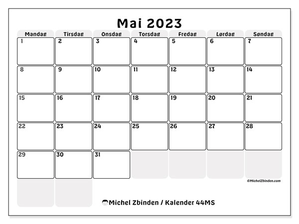 Kalender for mai 2023 for utskrift. “44MS” månedskalender og kalender gratis plan for utskrift