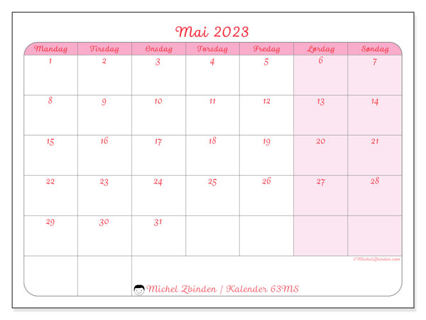 Kalender mai 2023, 63MS. Gratis kalender for utskrift.