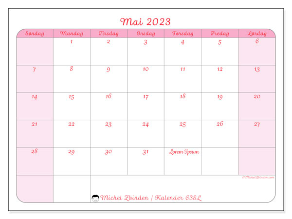 Kalender for utskrift, mai 2023, 63SL