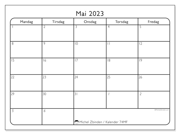 Kalender mai 2023, 74SL. Gratis kalender for utskrift.