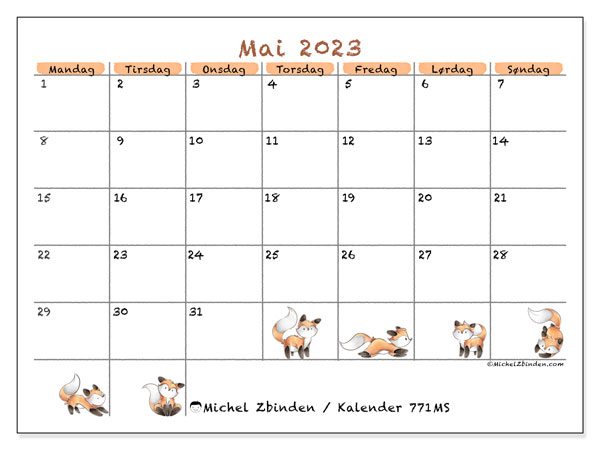 Kalender for utskrift, mai 2023, 771MS