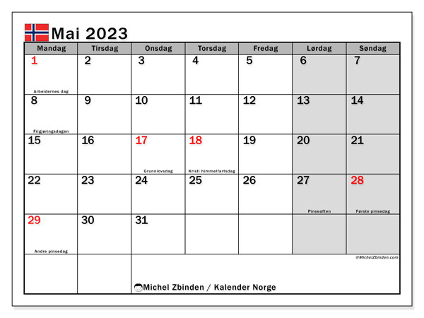 “Norge” kalender for utskrift, med helligdager. Mai 2023 månedskalender og gratis agenda for utskrift.
