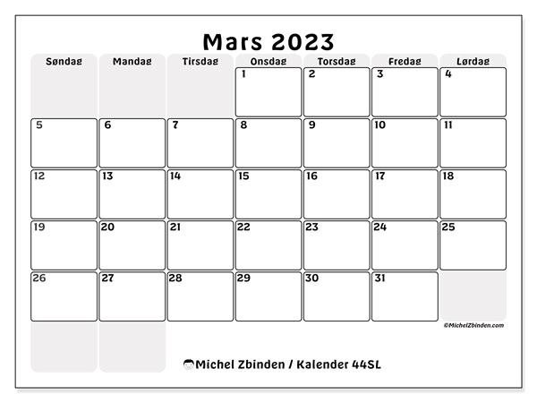 Kalender for utskrift, mars 2023, 44SL