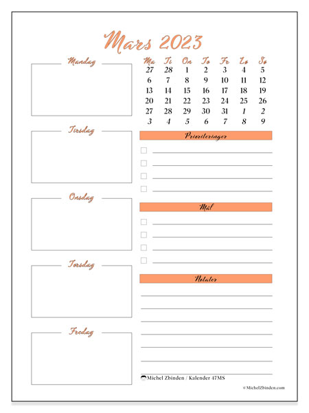 Kalender for mars 2023 for utskrift. “44MS” månedskalender og kalender agenda som skal skrives ut gratis