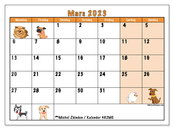Kalender for mars 2023 for utskrift. “44MS” månedskalender og kalender gratis tidsplan for utskrift
