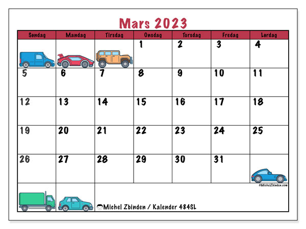 Kalender for utskrift, mars 2023, 484SL
