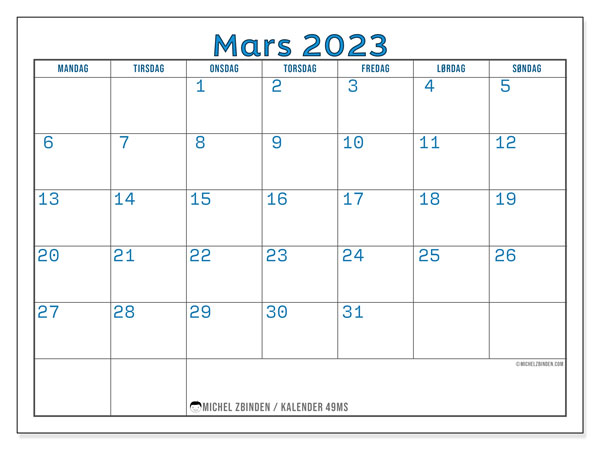 Kalender for utskrift, mars 2023, 49MS