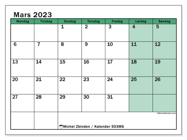 Kalender for mars 2023 for utskrift. “44MS” månedskalender og kalender gratis agenda for utskrift
