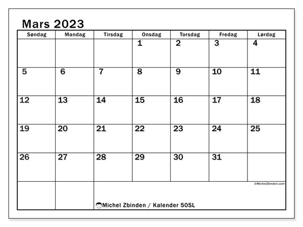 Kalender for utskrift, mars 2023, 50SL