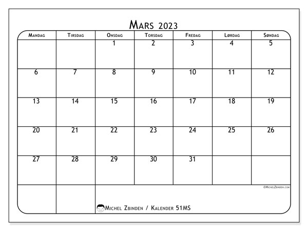 Kalender for utskrift, mars 2023, 51MS