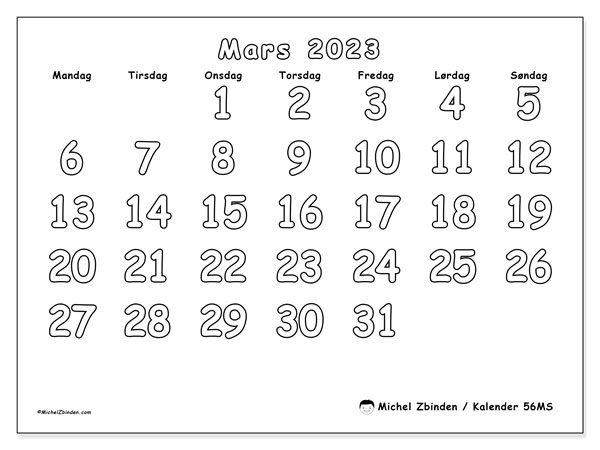 Kalender for utskrift, mars 2023, 56MS