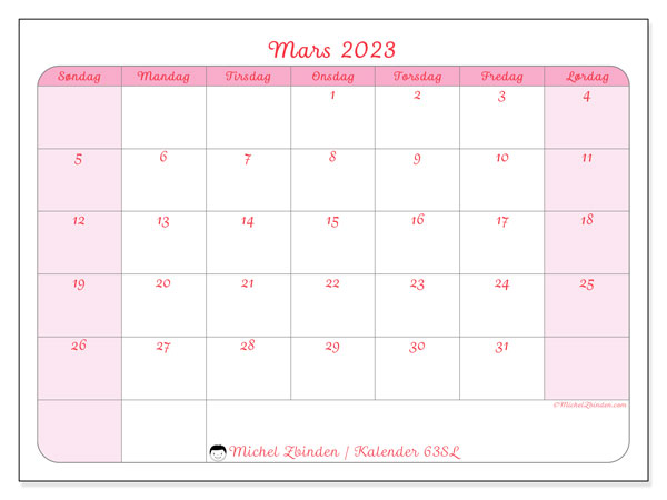 Kalender for utskrift, mars 2023, 63SL