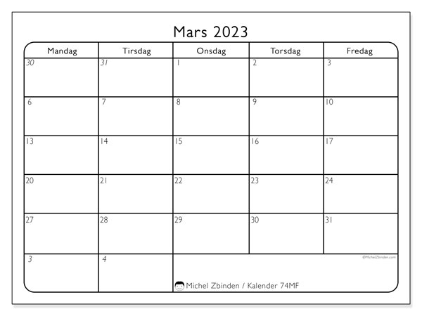 Kalender for utskrift, mars 2023, 74MS