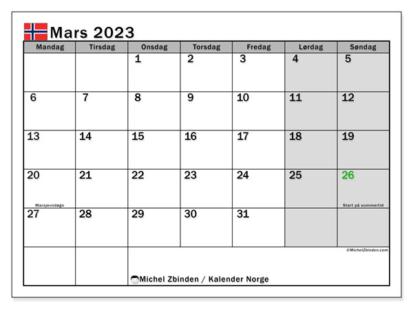 Calendrier mars 2023, Norvège (NO), prêt à imprimer et gratuit.