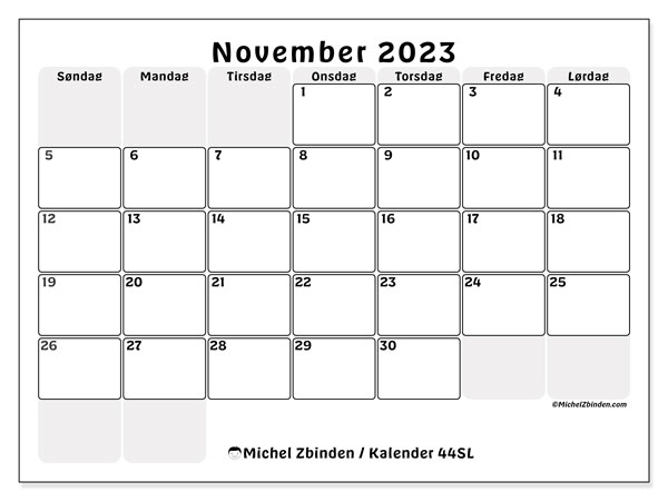 Kalender for utskrift, november 2023, 44SL