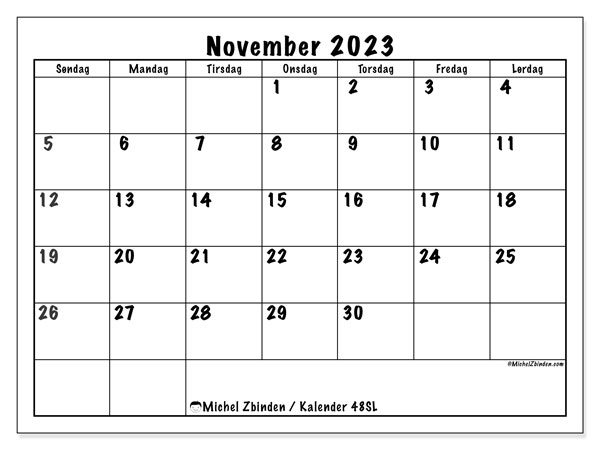 Kalender november 2023, 48SL. Gratis journal for utskrift.