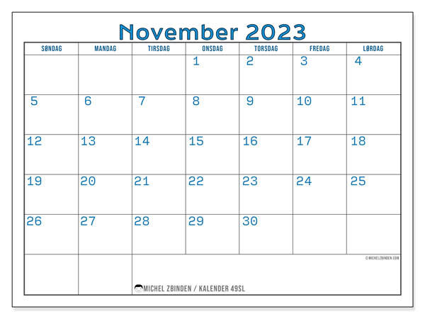 Kalender for utskrift, november 2023, 49SL