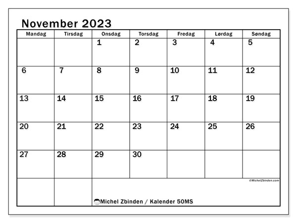 Kalender november 2023, 50MS. Gratis journal for utskrift.
