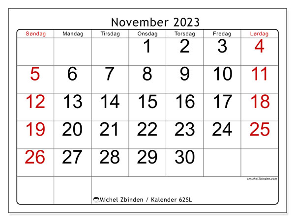 Kalender november 2023, 62SL. Gratis journal for utskrift.