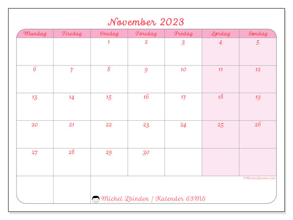 Kalender november 2023, 63MS. Gratis program for utskrift.