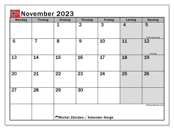 Calendrier novembre 2023, Norvège (NO), prêt à imprimer et gratuit.