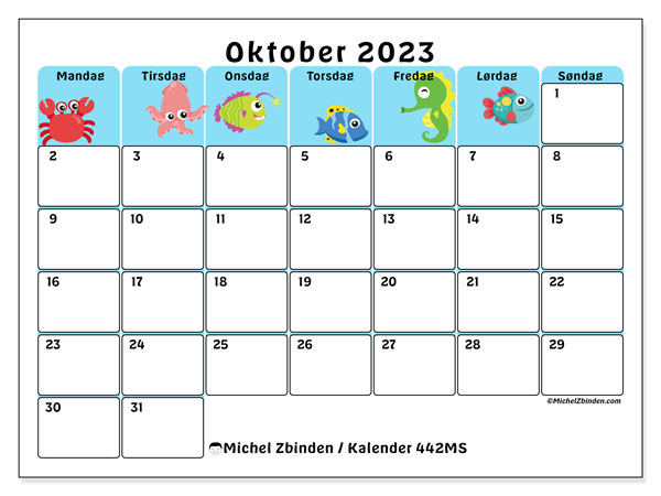 Kalender for utskrift, oktober 2023, 442MS