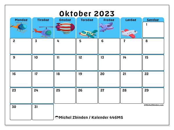 Kalender oktober 2023, 446MS. Gratis journal for utskrift.