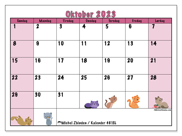 Kalender oktober 2023, 481SL. Gratis journal for utskrift.