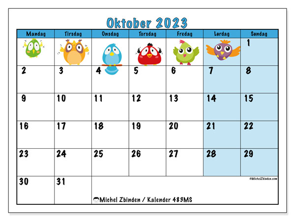 Kalender oktober 2023, 483MS. Gratis journal for utskrift.