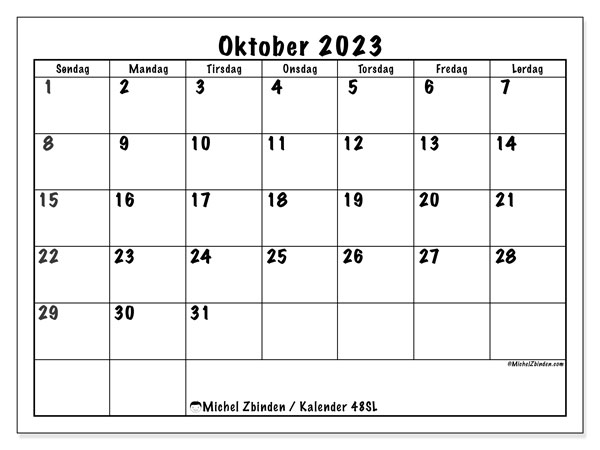 Kalender oktober 2023, 48SL. Gratis journal for utskrift.