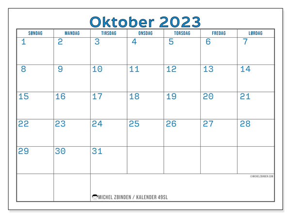 Kalender oktober 2023, 49SL. Gratis journal for utskrift.