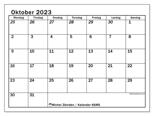 Kalender for utskrift, oktober 2023, 501MS